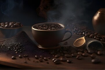 Coffee beans in a cup in dark background with smoke
