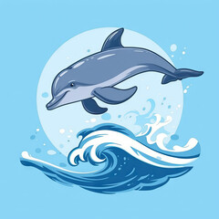 Smiling Dolphin Riding Ocean Waves. Vector Icon Illustration. Animal Nature Icon Concept Isolated Premium Vector. 