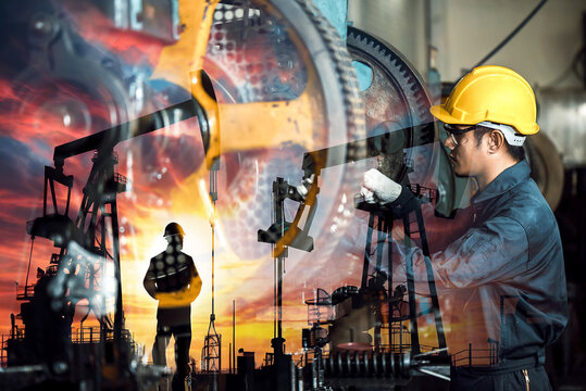 Double exposure of engineer with Crude Oil pump oil rig energy industrial machine for petroleum background