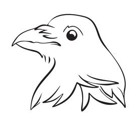 Hand drawn sketch motif bird head. Cute isolated crow face, raven in line art style. Graphic design element of linear bird head for brand sign, icon, logo, etc. Black and white vector illustration.