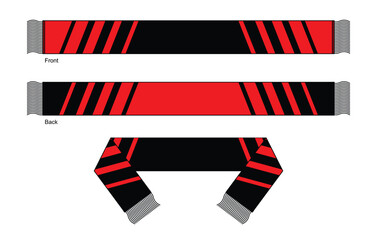 Red-Black Soccer Fans Scarf Design on White Background. Front and Back Views, Vector File