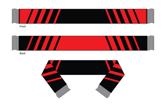 Red-Black Soccer Fans Scarf Design On White Background.Front and Back View, Vector File
