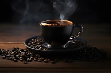 Hot coffee cup and coffee beans on dark wooden table