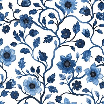 vintage pattern with bouquet of blue flowers on a white background. Monochrome. ai generated