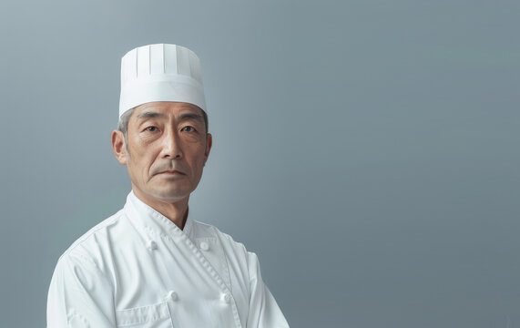 Portrait of a Asian chef on a gray background. Concept of Japanese, Chinese, Korean, Thai cuisine, gastronomy, kitchen