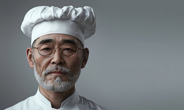 Portrait of a Asian chef on a gray background. Concept of Japanese, Chinese, Korean, Thai cuisine, gastronomy, kitchen
