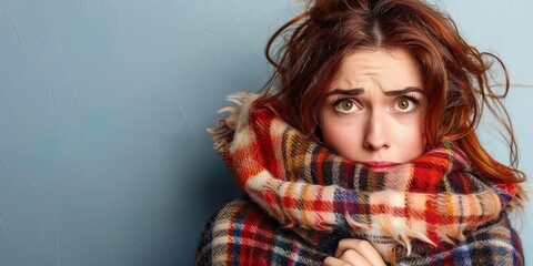 Frowning woman is wrapped in a plaid and looks anxiously , concept of Expressing concern