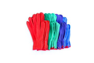 Multicolored fabric gloves isolated on white background, Fabric cotton gloves