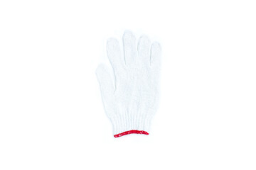 White fabric glove with red edge isolated on white background, White cotton glove
