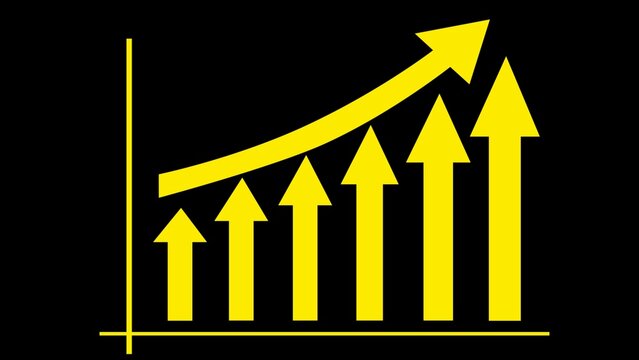 Growth chart icon. Growing graph icon in yellow and black background. Graph diagram up icon, profit growth symbol. Increase in revenue chart graph sign.