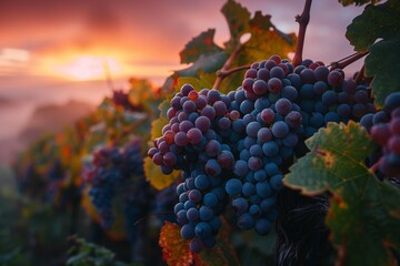 Experience the beauty of a lush vineyard with abundant grape clusters on the vines, capturing a...