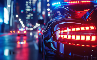 City Night Vigilance: Police Car Lights in Focus - obrazy, fototapety, plakaty