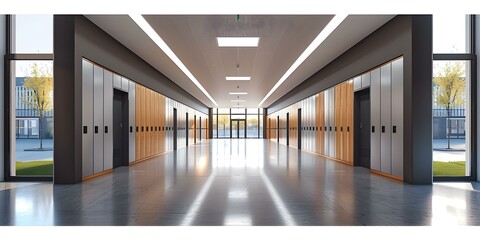 Renovated school hallway with new lockers in a rural environment. Concept School Renovation, Rural Setting, New Lockers, Hallway Makeover, Interior Design