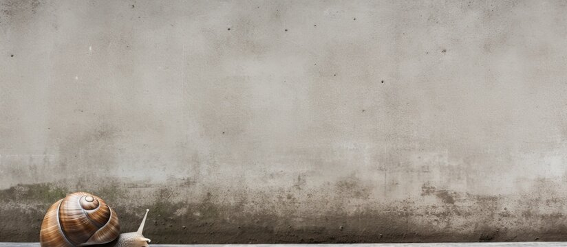 A snail is seen sitting on the ground next to a wall. The snails shell is visible as it appears to be resting motionless.