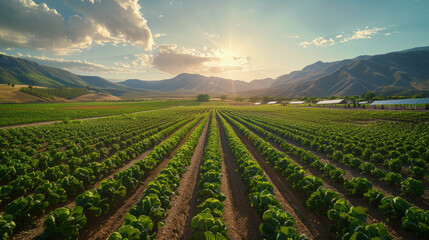 Description: Golden rays bathe a vast green lettuce farm, highlighting the symmetry and abundance of sustainable agriculture