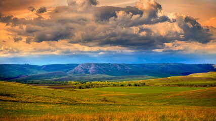 beautiful sunrise in the mountains of the Southern Urals in the Republic of Bashkortostan
