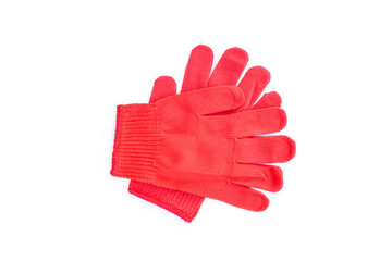 Red fabric gloves with red edge isolated on white background, Red cotton gloves