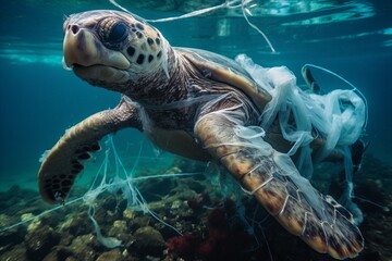 Fototapeta premium Sea turtle caught in a plastic bag trap. Photo underwater