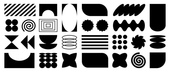 Flat geometric forms stickers, retro design shapes set, simple forms and frames. Vector illustration.