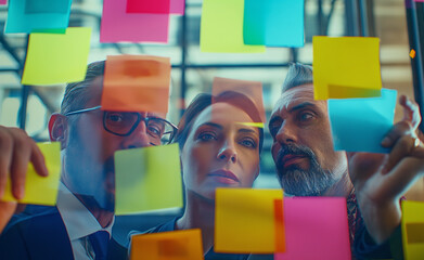 Window of Ideas: Business Professionals Brainstorming with Sticky Notes