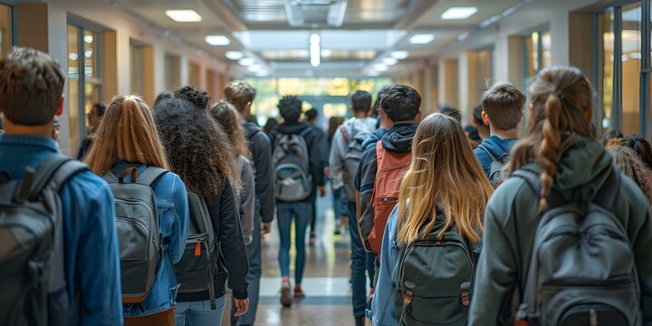 Crowded school entrance filled with bustling students during morning rush hour. Concept School entrance, Morning rush hour, Crowded scene, Students bustling, Active school environment