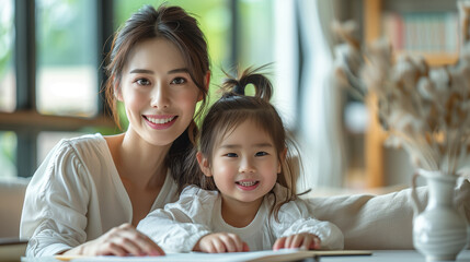 Children education and home school concept : Young beautiful Asian mother pleased to see little...