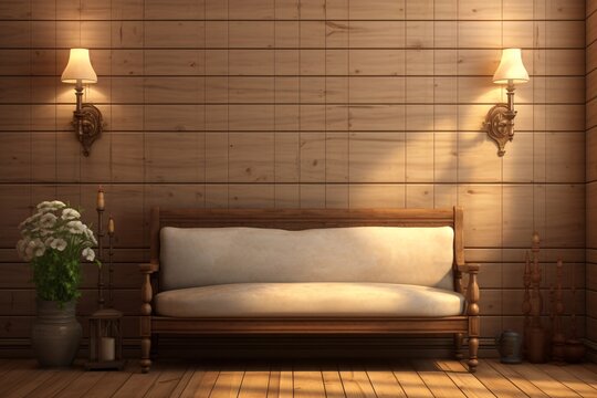 a wooden couch with a white cushion and two lamps on a wood floor