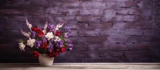 A white vase on a white wooden table against a brick wall, filled with a mix of red, white, and purple flowers. The vibrant colors create a striking contrast against the neutral background.