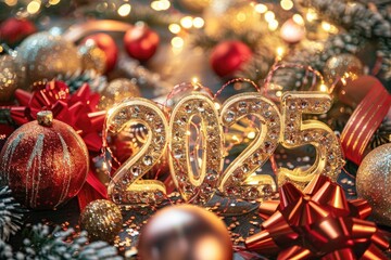 Fototapeta na wymiar Festive 2025 numerals amidst Christmas decorations with warm golden tones