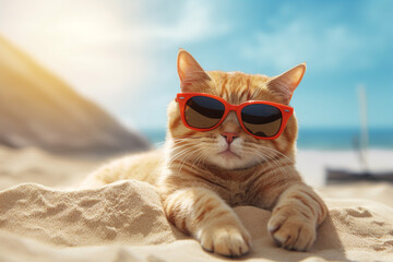 Portrait of funny cat wearing sunglasses resting on sandy beach in a sunny day with coconut leaves...