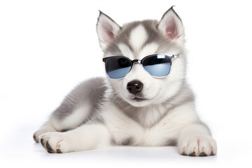 Happy siberian husky dog puppy wearing sunglasses sitting on floor isolated on white background
