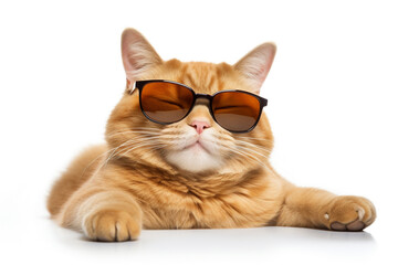 Portrait of funny cat wearing sunglasses resting on white backround. isolated on white.