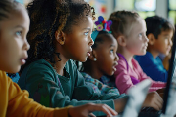 Multiracial group of school kids listening to their teacher during computer class - obrazy, fototapety, plakaty