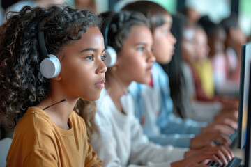 Multiracial group of school kids listening to their teacher during computer class