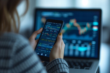 Close-up of investor's hands using smartphone and laptop to study financial statistics and stock market trends.