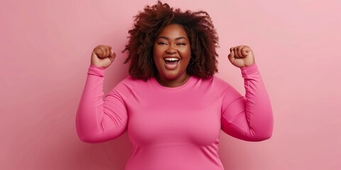 A joyful and attractive black woman celebrates success with a winning gesture and a cheerful smile. - obrazy, fototapety, plakaty