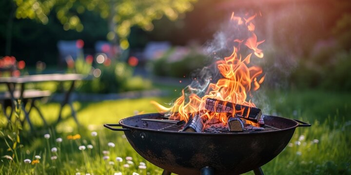 A backyard with a blazing campfire, emitting heat and smoke, creating a warm and cozy atmosphere.