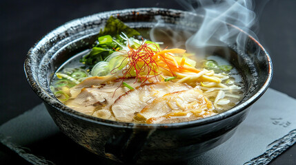 Warm and steaming chicken broth with vegetables and chunks of meat. With rice or noodles . AI generative.