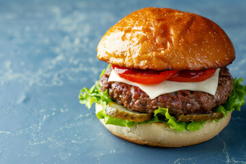 Cheeseburger with tomatoes on a table: Gourmet Burger Perfection, Juicy Beef Patty with Fresh Toppings on a Brioche Bun