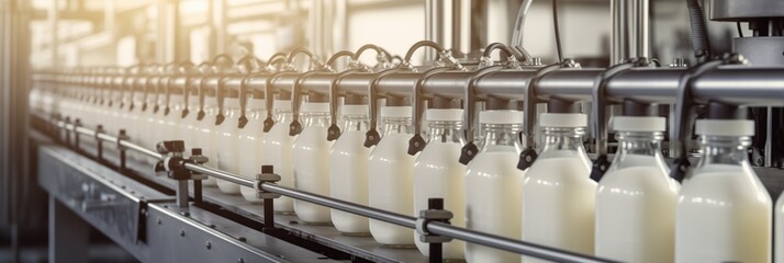 Milk bottles moving along conveyor belt in dairy plant - obrazy, fototapety, plakaty