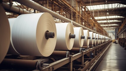 Rolls of paper moving along a conveyor belt in a factory setting