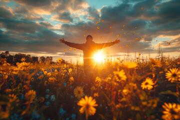 Joyful man raising his hands during sunset embrace in a field of wildflowers with radiant sky backdrop. View from the back - obrazy, fototapety, plakaty