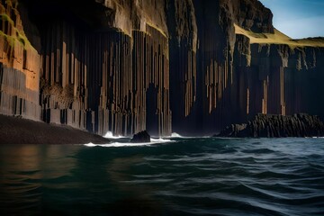 Cave with its rock basalt columns on the uninhabited island