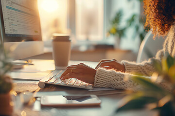 A close-up photo of a woman's hands typing on a black laptop keyboard.