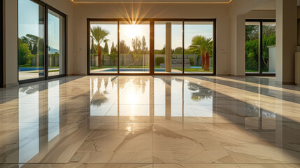 Fototapeta premium Room, interior and windows with an empty space in a modern home or office during summer. Business, home and tiled floors in a luxury apartment for design, architecture or simplicity with beautiful vi