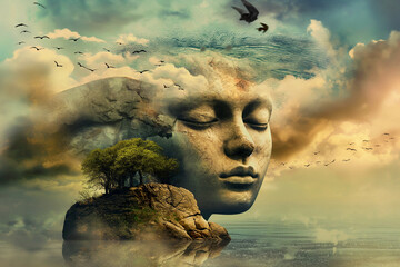 A serene composite artwork with a sleeping face merged with a rocky landscape and trees under a sky with birds. Peace of mind concept..