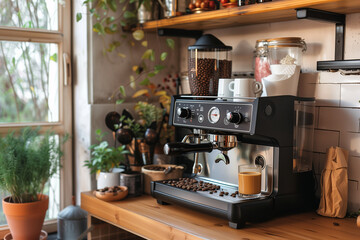 A modern espresso machine in a home kitchen setting brewing two cups of hot, fresh coffee, with steam rising and coffee beans scattered around.