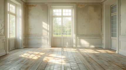 Room, interior and windows with an empty space in a modern home or office during summer. Business, home and wood floors in a luxury apartment for design, architecture or simplicity with beautiful vie