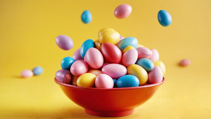Easter candy. Multicolored sugar coated eggs filled with sugar syrup various flavors.