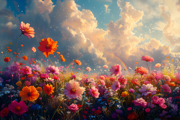 Fototapeta na wymiar A field of colorful blooming flowers with a gentle breeze and rainbow.